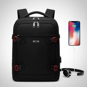 A high-quality product shot showcasing the backpack's design, features, and compatibility with various smartphone models.