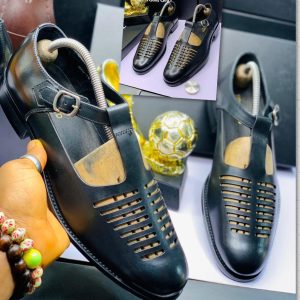 Men's Black Leather T-Bar Shoe with Cutouts