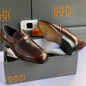 Brown Genuine Leather Men’s Loafers – Textured Snake-Effect Upper