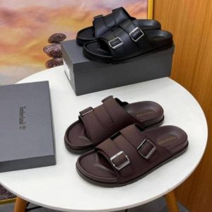 Timberland Double Buckle Leather Sandals – Black & Brown Rugged Comfort