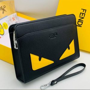 Black Leather Statement Clutch Bag with Graphic Detail