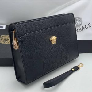 Men’s Black Leather Clutch Bag with Gold Medusa Detail