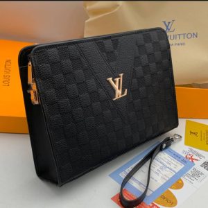 Men’s Black Textured Leather Clutch Bag with Wrist Strap