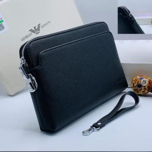 Men’s Black Textured Leather Clutch with Wrist Strap