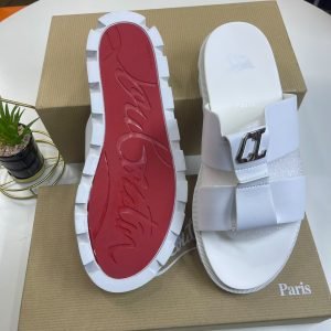 Christian Louboutin White Leather Sandals Red Lug Sole CL Logo Buckle