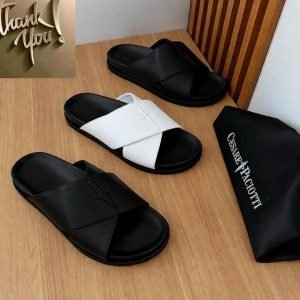 Cesare Paciotti Black Cross Strap Leather Slides Embossed Dagger