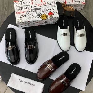 Dolce and Gabbana Mens Leather Half Shoes with Metal Buckle Slip On Mules Black White and Brown