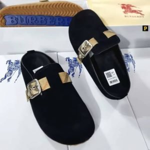 Burberry Suede Urchin Clogs Black Adjustable Check Woven Buckle Strap