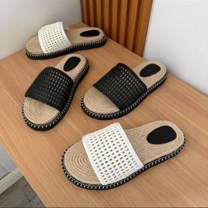 Mens Woven Espadrille Slide Sandals Black and White Mesh Slip Ons