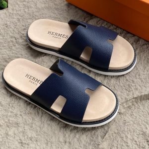Hermes Paris Mens Navy Blue H Cutout Slide Sandals Designer