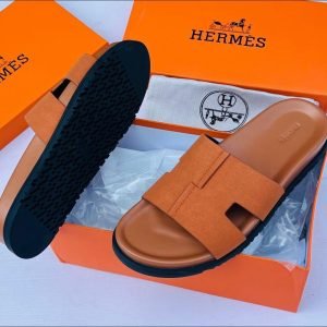 Hermes H Cut Out Brown and Black Slide Sandals Mens Designer Slippers N
