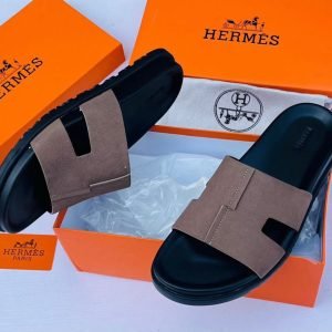 Hermes H Cut Out Brown and Black Slide Sandals Mens Designer Slippers